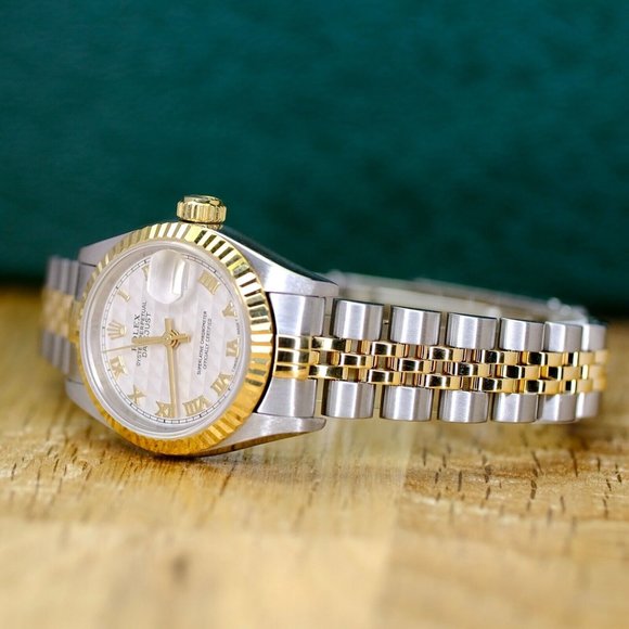 ROLEX DATEJUST CREAM PYRAMID ROMAN DIAL 18KY FLUTED JUBILEE TWO-TONE WATCH 69173 - Picture 3 of 9